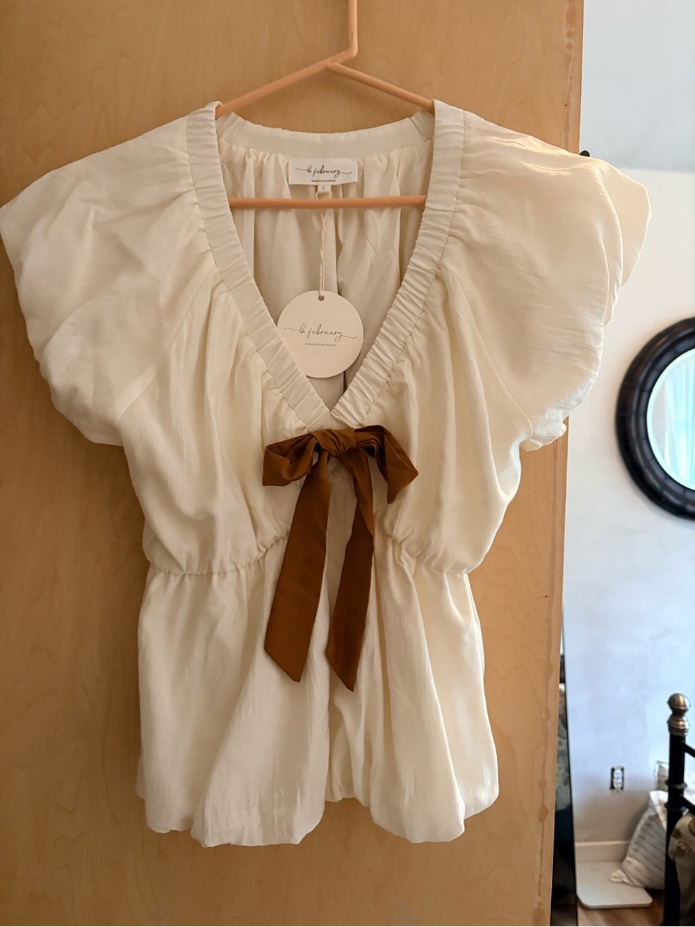 Cream Flutter Sleeve Tie-Front Blouse